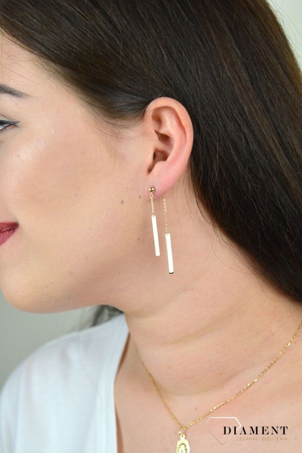 Złote kolczyki wiszące blaszki na łańcuszku KL 6873.jpg